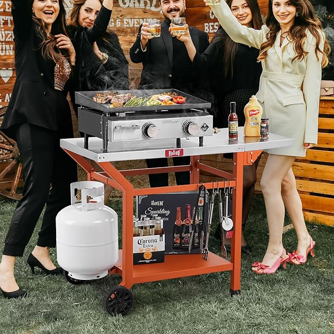 Outdoor Grill Table, 40’’x20’’ Movable Pizza Oven Stand for Outdoor BBQ Food Prep, Stainless Steel Countertop Grill Cart with Storage Shelf & Foldable Extension Table, 6 Extra Hooks