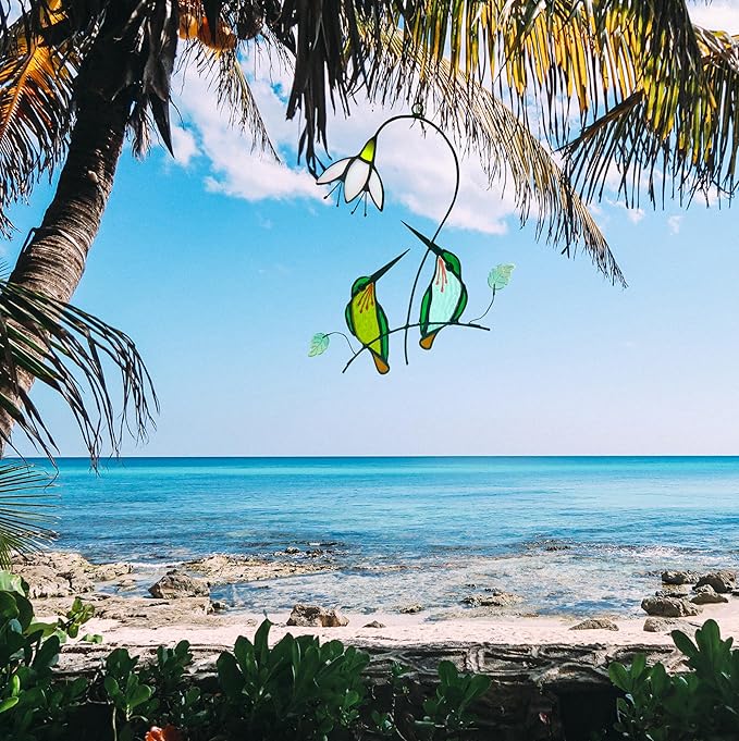 Hummingbird with Flower Stained Glass Suncatcher Bird Stained Glass Window Hangings Hummingbird Gift for Women Home Decor