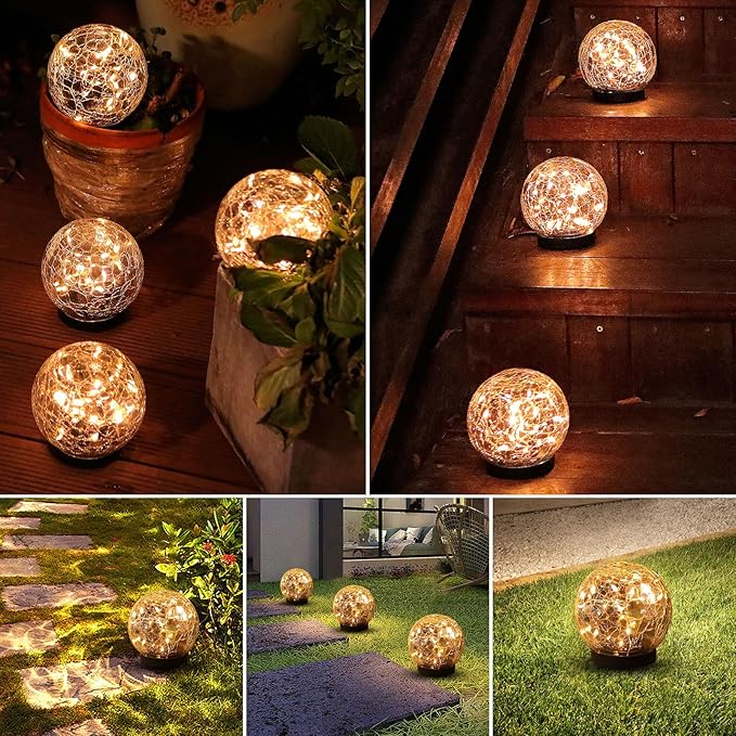Solar Globe Lights Outdoor Waterproof-Solar Balls-Solar Garden Lights-Solar Orbs for Outside 2 Pack Cracked Glass Ball for Lawn Patio Yard Backyard Decorations