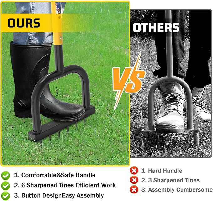 Lawn Aerator Tool, Lawn Aerator with six 6mm Extra-Large Spikes, Clears Leaves and Dirt, Metal Hand Aerator for loosening Soil, aerates Patio and Garden