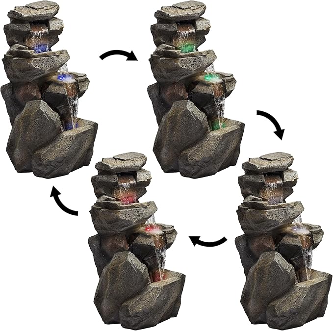 Alpine Corporation WIN1184 40" 3-Tier Outdoor Rock Waterfall Floor Fountain with Color-Changing LED Lights, Cascading Water Feature for Gardens, Patios, and Yards, Gray