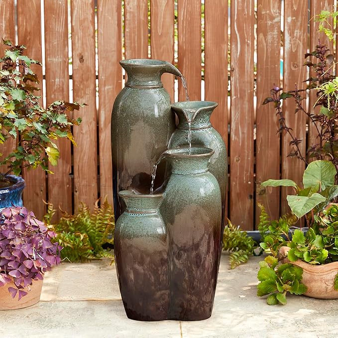 Glitzhome 30.75" H Vase Ceramic Outdoor Water Fountain with LED Lights and Pump, 4-Tier Olive Green and Brown Reactive Glaze Cascading Pots Standing Fountain for Porch Deck Garden Patio Backyard