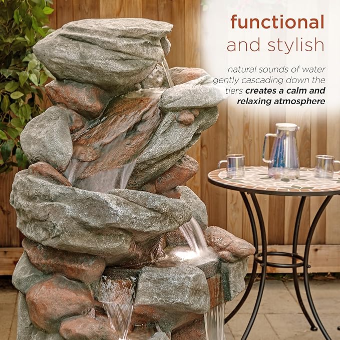 Alpine Corporation WIN1548 Outdoor Floor Cascading Stone Fountain with LED Lights, Tiered Garden Water Fountain, 53" H, Gray