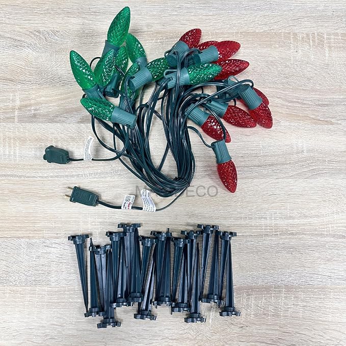 C9 Christmas Pathway Lights with Stakes,Red Green,30 Ft 20 Strawberry LED Bulbs and Stakes,Connectable Shatterproof Outdoor Lights Marker for Xmas Yard Garden Path Lawn Walkway Sidewalk