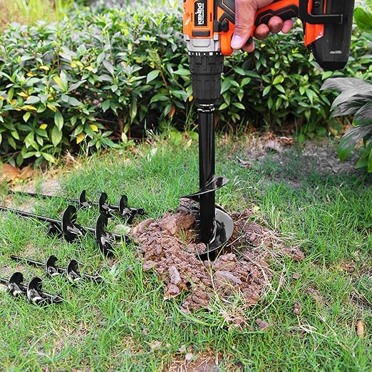 KENDO Auger Drill Bit for Planting Set of 2, Garden Ground Earth Spiral Drill Bits and Bulb Planter Tool for 3/8" Hex Drive Drill, for Post Hole Digger, Bulb Bedding Digging, Plant Rapid Planter