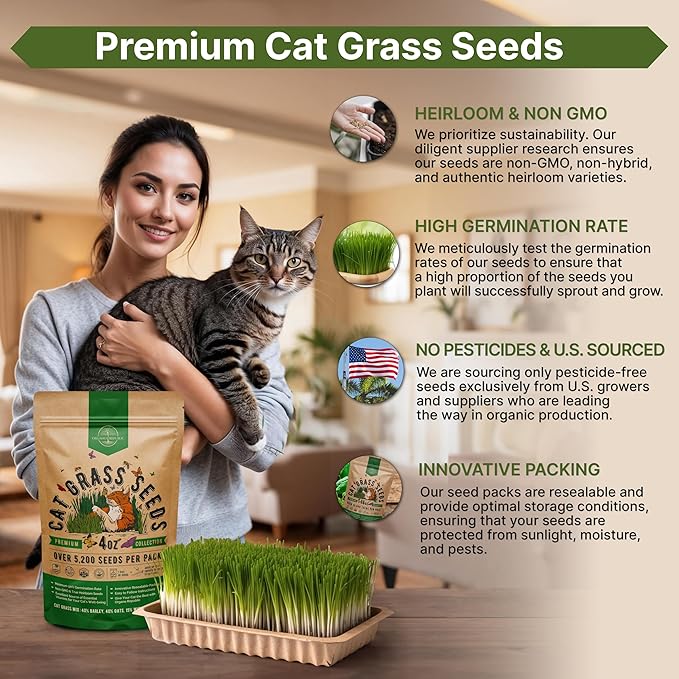 Cat Grass Seeds Mix - 5,200 Non-GMO Heirloom Seeds for Cats & Pets, 4 oz Pack for Growing Fresh Barley, Oat, Rye & Wheat Grass Seeds for Planting, Indoor Plants for Pets, Hairball Remedy for Cats