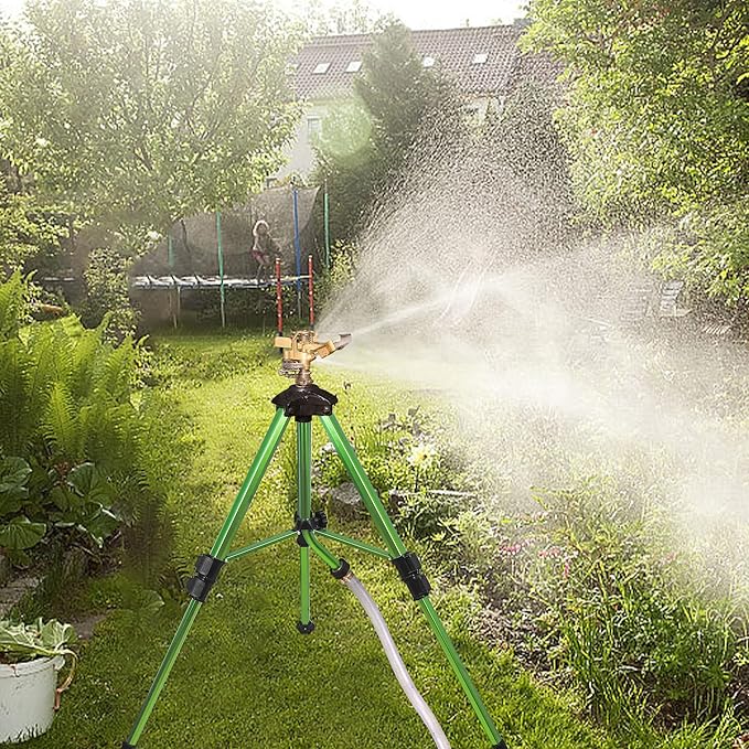 Triumpeek 2 Pack Impact Sprinkler on Tripod Base with Stakes, 360 Degree Large Area Coverage Irrigator with Extension Legs, Adjustable Brass Sprinkler Head Nozzle and 3/4" NH Inlet Hose Connection