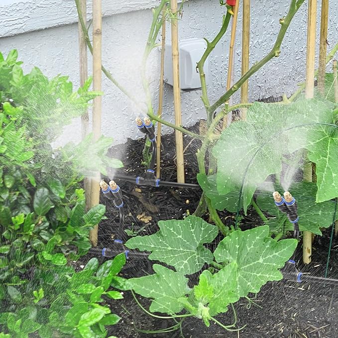 Mornajina 3Packs 2 Way Brass Misting Nozzles Tee with 9inch Built in Hose for Outdoor Cooling System, Adjustable 360° Rotation, Water Mister Nozzles Thread Sprayer 0.043" (1.1 mm)