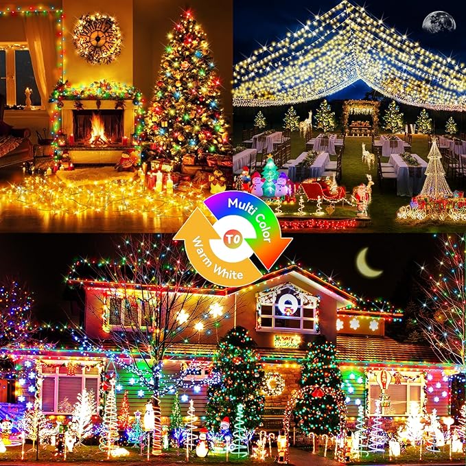 Hezbjiti 337 FT 720 LED Color Changing Christmas Lights Outdoor, 11 Modes String Lights IP44 Waterproof Fairy Light for Party Tree Garden Wedding Decorations (Warm White to Multicolor, Green Wire)