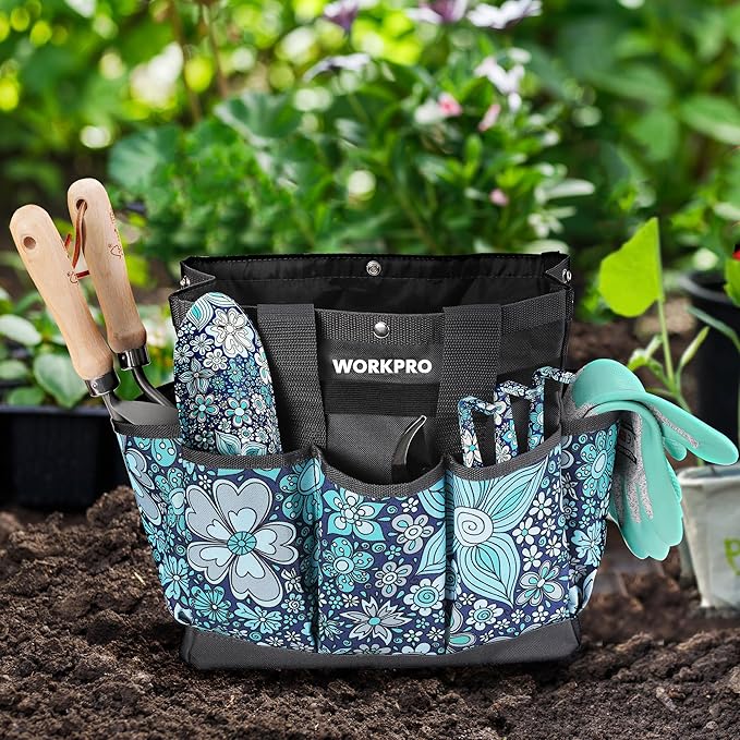 WORKPRO Garden Tool Bag, 9 Pockets Gardening Bag, Heavy Duty Oxford Garden Tote Caddy (Tools NOT Included), 12" x 12" x 6" (Floral Blue)