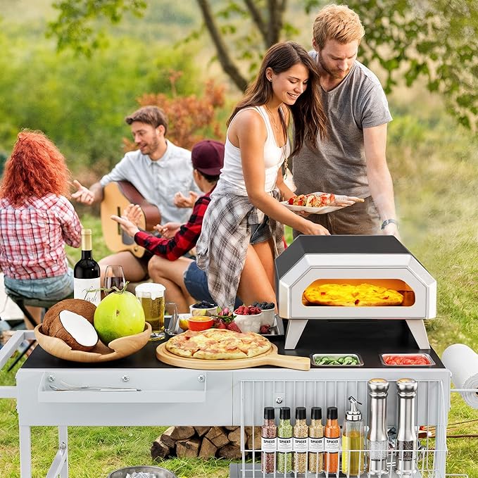 JY QAQA Outdoor Pizza Oven Stand with Condiment Shelf, Outdoor Cooking Cart, Grill Worktable for Patio, Food Prep Station Fits Ninja Woodfire Grill, Cuisinart Grill, Blackstone Griddle