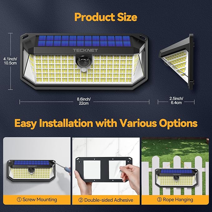 TECKNET 416 LED Solar Lights Outdoor Waterproof, 300° Angle & 3 Lighting Modes Motion Sensor Outdoor Lights, 2 Pack Security Solar Flood Lights IP66 for Fence Front Door Yard Deck Garden Garage