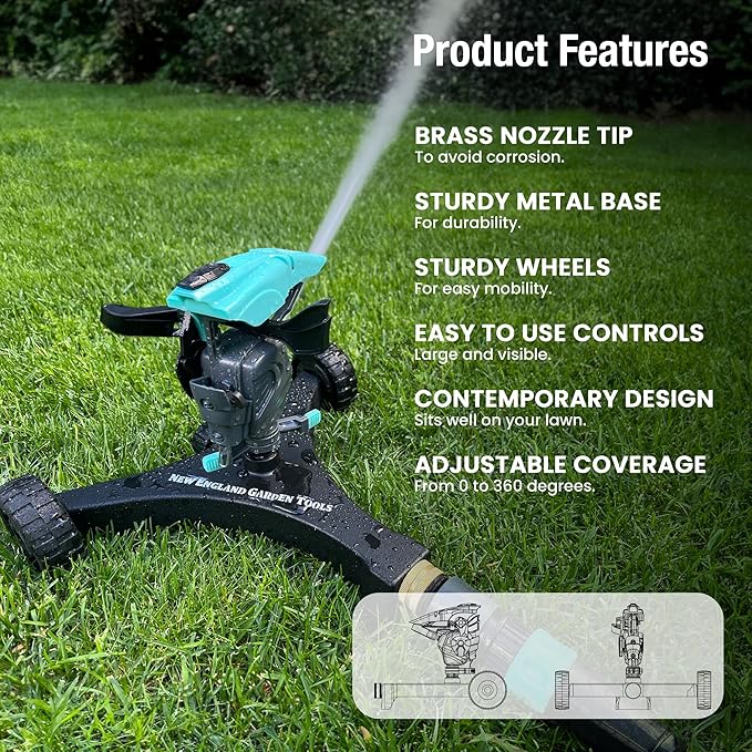 Lawn Pulsating Impact Sprinkler 300011 with a Gear Drive on Metal Base, Adjustable to 360 Degrees by New England Garden Tools