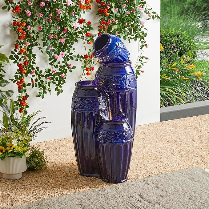 Glitzhome 35.5" H Oversized Outdoor Water Fountain with LED Lights and Pump, 4 Tier Cobalt Blue Embossed Pattern Ceramic Pots Cascading Floor Standing Fountain for Porch Deck Garden Patio Backyard