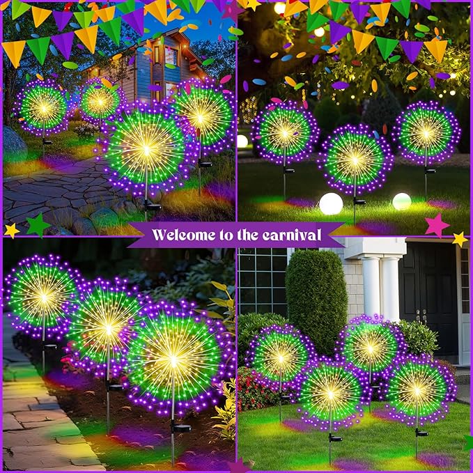 4th of July Decorations Outdoor 4 Pack Solar Power Yard Firework Lights Patriotic Garden Waterproof Solar Lights with 180 LED 8 Modes for Independence Day Party Decoration(Green, Yellow, Purple)