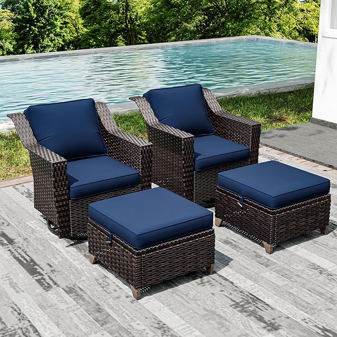 Joyside Wicker Patio Furniture Sets, 4 Pieces Upgraded Large Size Outdoor Furniture with Swivel Rocking Patio Chairs and Outdoor Ottoman, Thick Cushions, Wide Armrest