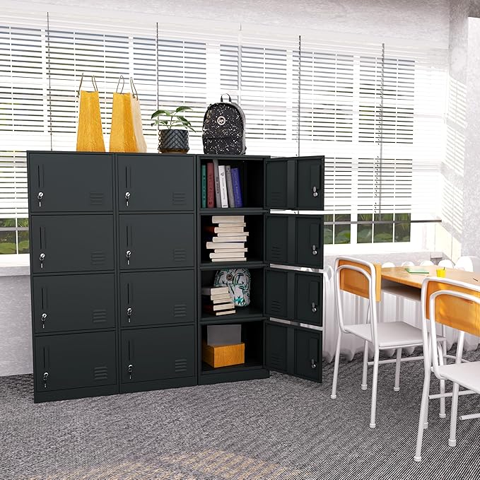 4 Door Metal Storage Locker Cabinet for Office, Home, Gym, School, Steel Cabinet to Storage File, Toys, Shoes and Sports Equipment, Locker Organizer for Gym Office Bedroom (4 Door, Black)