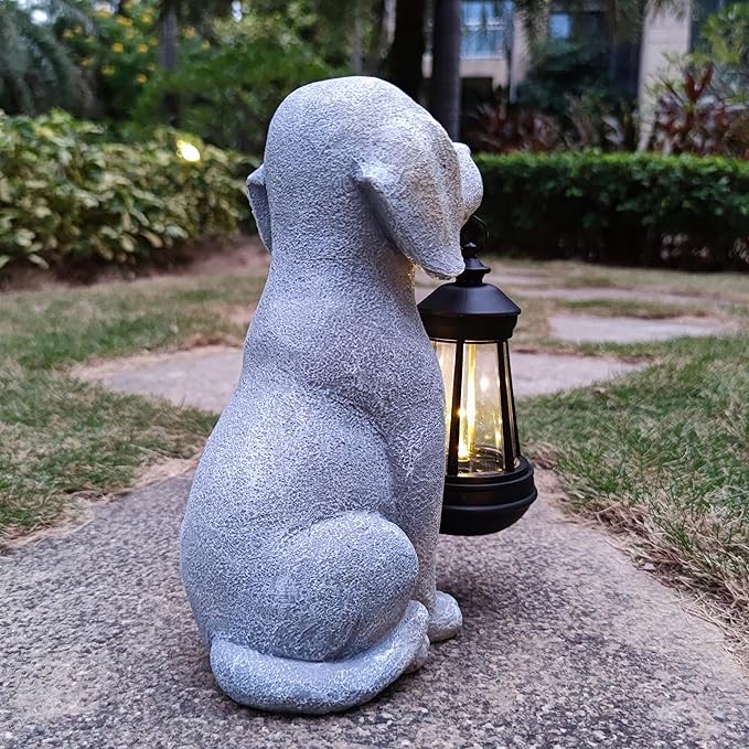 Dog Solar Garden Statues,Resin Dog Figurine Decorations with Solar Lights Lantern, Outdoor Decor Art for Lawn,Yard,Unique Housewarming Gift for Garden Home