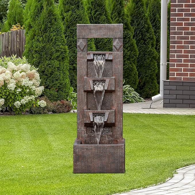 40.9" H 4-Tier Indoor/Outdoor Modern Water Fountain with Led Lights and Pump, Outdoor Freestanding Cascading Waterfall - Suitable for Garden, Patio, Porch, Yard and Outdoor Decor (Brown)