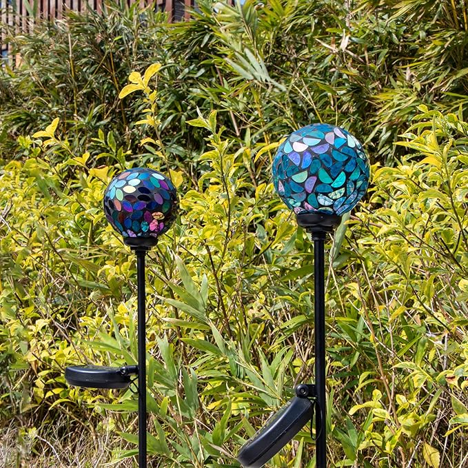 VCUTEKA Solar Garden Decorative Lights Outdoor, Mosaic Solar Light Waterproof LED Pathway Stake Light for Landscape Patio Yard Deck Walkway Decoration, 2 Pack (Blue&Purple)