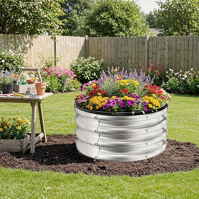 ZXZYHFTY Round Galvanized Raised Garden Bed kit,Silver Outdoor Garden Raised Planter Box, Round Large Metal Raised Garden Beds for Vegetable 2 * 2 * 1ft 2 Pcs