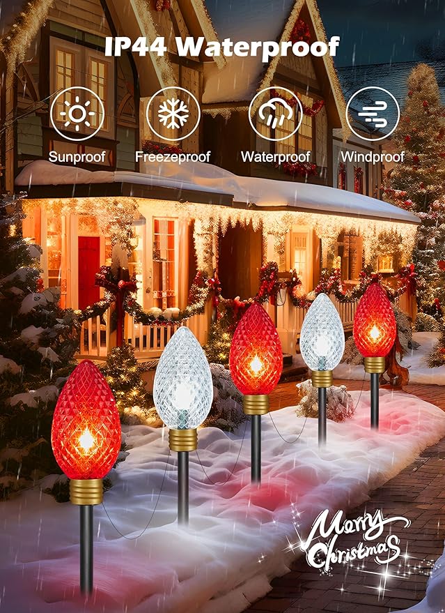 2 Pack 11Feet 5 LED Super Jumbo Christmas String Lights or Pathway Marker Lights, Outdoor Xmas Decorations- Jumbo C9 Hanging Lights Waterproof Lawn Dec for Holiday Home Tree Roof Yard, Red & White