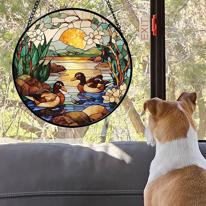 Stained Glass Window Hanging, Ducks in The Pond Sun Catcher for Door Home Decor Landscape Plant Suncatcher Christmas Mother's Day Birthday Gifts for Women Men Mom Nana 15 in