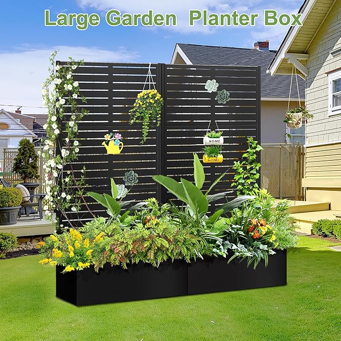 Trellis for Climbing Plants Outdoor,Mental Garden Bed with Drainage Holes Outdoor Privacy Screen Design Tall planters for herb Flower Vegetables 73"x35"x16", Black-Louvered