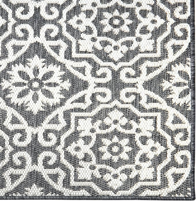 Nicole Miller New York Patio Country Julia Transitional Geometric Indoor/Outdoor Runner Area Rug, Black/Grey, 1'9"x7'2"