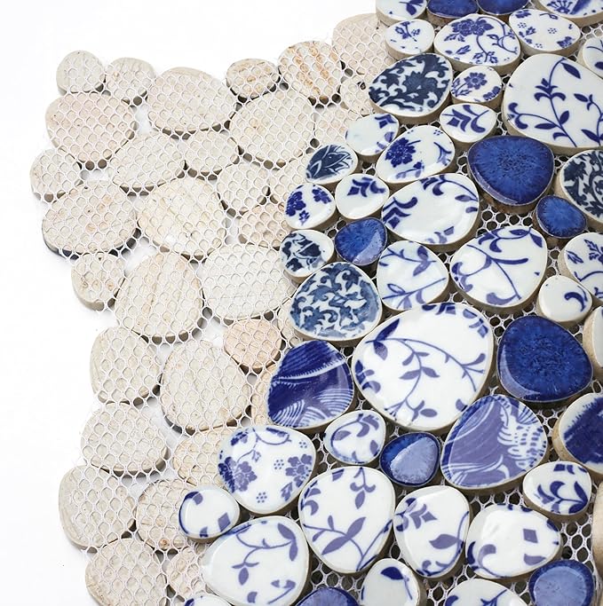 Blujellyfish Blue & White Pebble Tile Porcelain Mosaic Tiles for Art Deco (Pack of 5)
