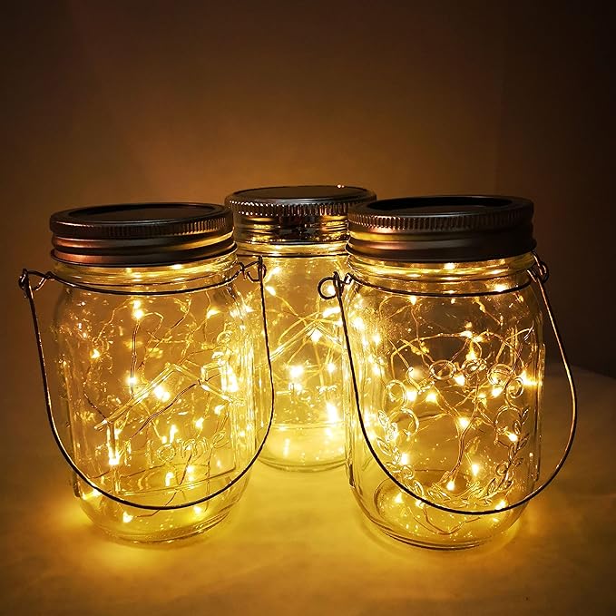 Solar Mason Jar Lights,4 Pack 30 Led Starry Fairy String Hanging Jar Lights,Solar Lanterns for Outdoor Patio Party Garden Wedding Christmas Decorations Lights(Mason Jars/Handles Included)