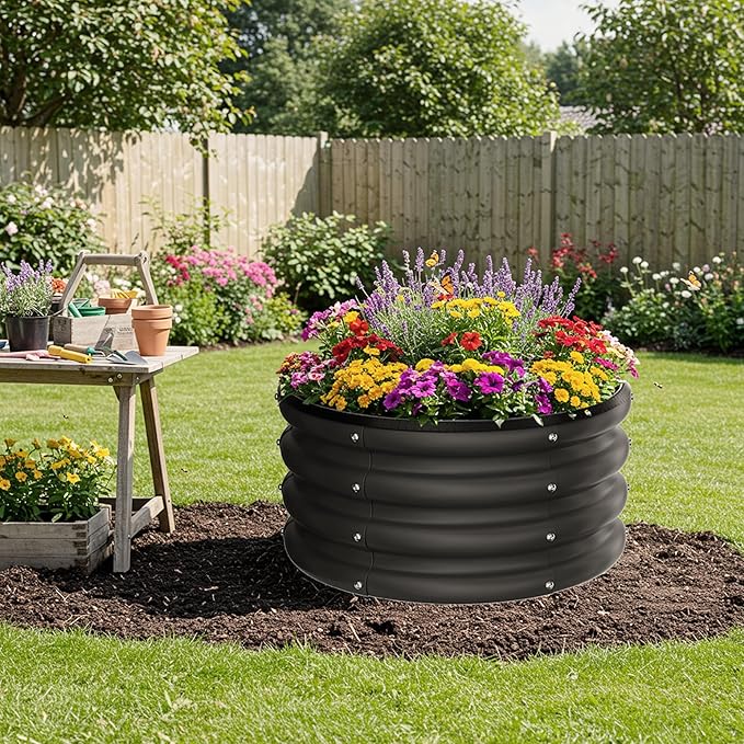 ZXZYHFTY Round Galvanized Raised Garden Bed kit,Black Outdoor Garden Raised Planter Box, Round Large Metal Raised Garden Beds for Vegetable 2 * 2 * 1ft 1 Pack
