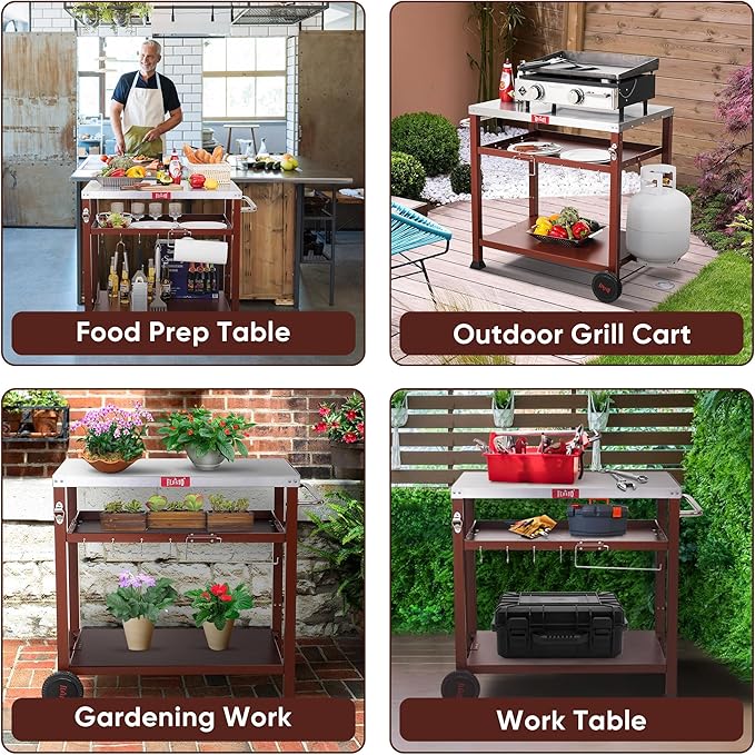 3-Shelf Outdoor Grill Table, Pizza Oven Table for Outside, Movable Grill Cart with Wheels, Indoor & Outdoor Cooking Station, Pizza Oven Stand for Ooni Blackstone Griddle 33.5”x 21.7”