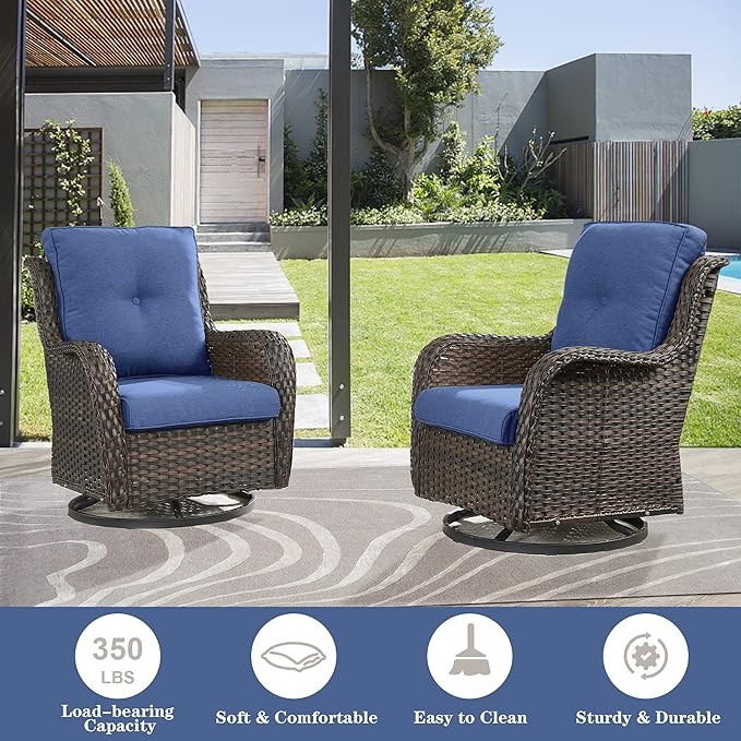 Outdoor Swivel Rcoker Patio Chairs - Outdoor Swivel Patio Chairs Set of 2 Wicker Chair Patio Furniture Sets with Covered Cushion for Porch Deck Balcony Garden, Blue