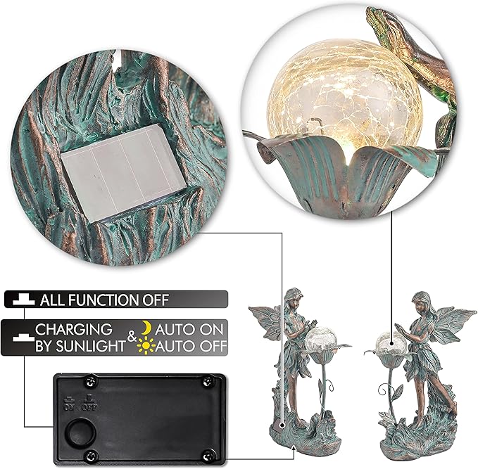 TERESA'S COLLECTIONS Garden Fairy Large Bronze Garden Sculptures & Statues Resin with Solar Outdoor Light, Valentines Decorations Lawn Ornaments for Outdoor Garden Decor, Gifts for Women Mom, 10.6"