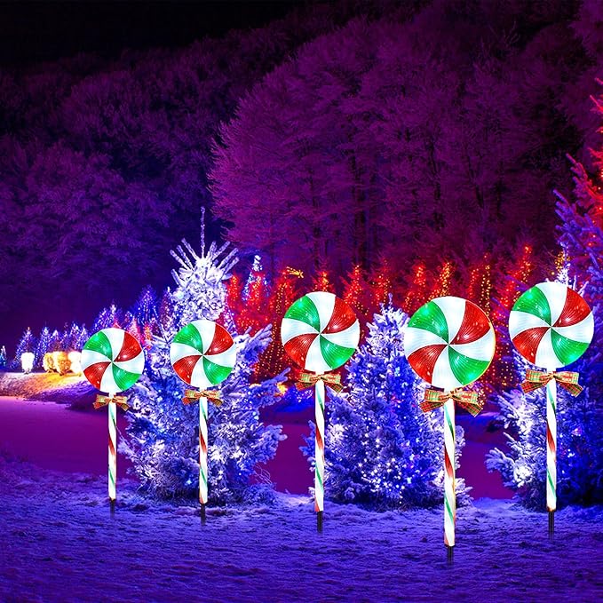 10 Packs Christmas Pathway Lollipop Lights with Bow Tie Solar Powered Outdoor Waterproof Xmas Candy Cane Path Landscape Decorative Stake Lights 2 Solar Panel + 10 Lights