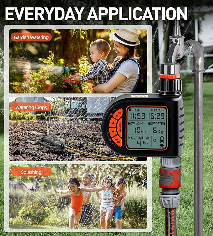 Oscillating Sprinkler with Irrigation Timer, Adjustable Sprinklers for Yard Large Area, Cover up to 3,600 sq. ft, Programmable Water Sprinkler Timer, Rain Delay Lawn & Garden Sprinklers Timer