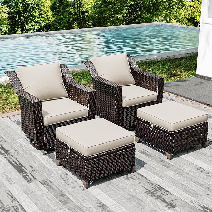 Joyside Wicker Patio Furniture Sets, 4 Pieces Upgraded Large Size Outdoor Furniture with Swivel Rocking Patio Chairs and Outdoor Ottoman, Thick Cushions, Wide Armrest