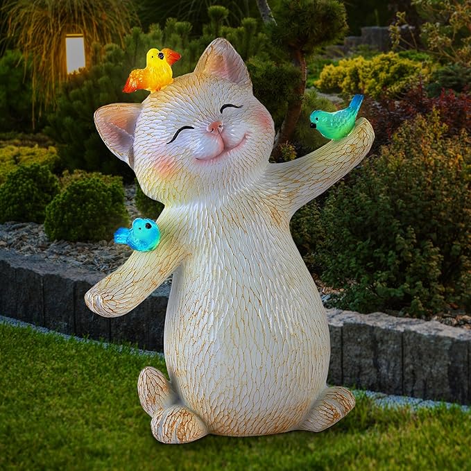 Cat Solar Light for Garden Decor - Outdoor Cat Figurines with Solar Lantern for Yard Patio Lawn Balcony Ornaments - Garden Gifts for Mothers Day, Grandma, Easter