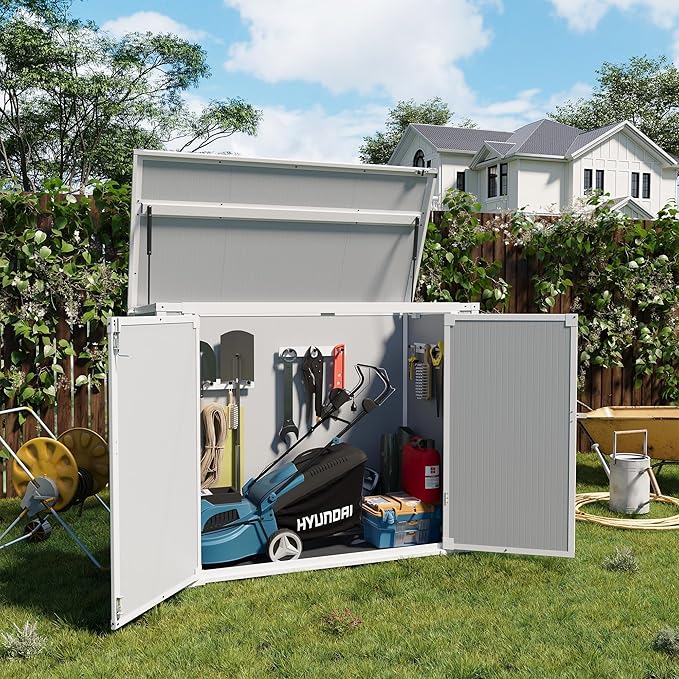 41 Cu.Ft Horizontal Outdoor Plastic Storage Shed/Box Trash Can Sheds Weatherproof Resin Shed with Floor Thickened & Gas Spring & Lockable Doors for Tools, Lawn Mower Storage(4.5 * 2.5 FT)
