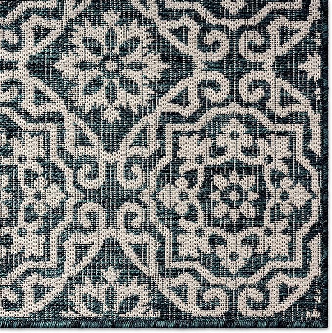Nicole Miller New York Patio Country Julia Transitional Geometric Indoor/Outdoor Area Rug, Navy Blue/Ivory, 7'9"x10'2"