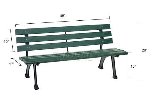 Global Industrial 4'L Outdoor Park Bench with Backrest, Recylced Plastic Slats, Wrought Iron Frame, 1100 lbs Capacity, Green, Surface Mount, Easy Assembly
