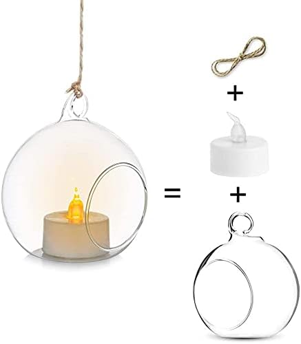 Sziqiqi Hanging Glass Tealight Candle Holder with LED Candles - 3.15inch Tea Light Globe Terrarium Holders Ornament for Wedding Christmas Birthday Halloween Party Centerpieces Decor 8pcs