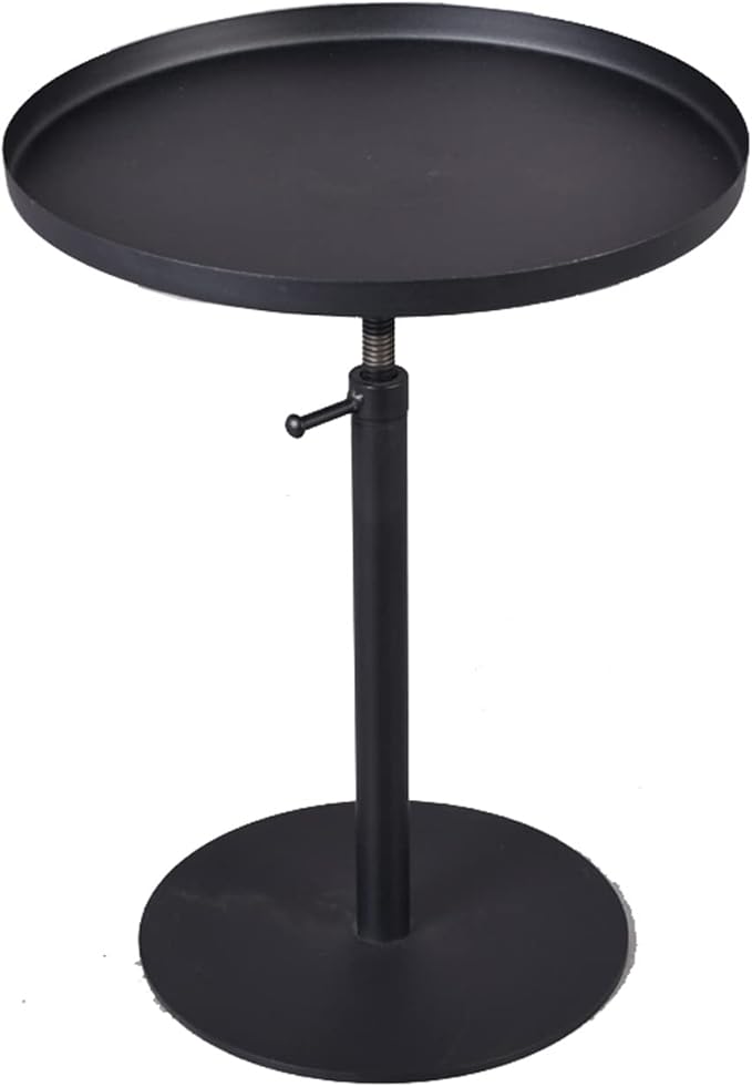Outdoor Side Table,Tray Metal Sofa End Table, Accent Coffee Table, Adjustable Height, Waterproof and Anti-Rust Outdoor&Indoor Snack Table, Black (Round Top)