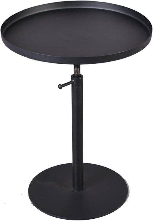 Outdoor Side Table,Tray Metal Sofa End Table, Accent Coffee Table, Adjustable Height, Waterproof and Anti-Rust Outdoor&Indoor Snack Table, Black (Round Top)