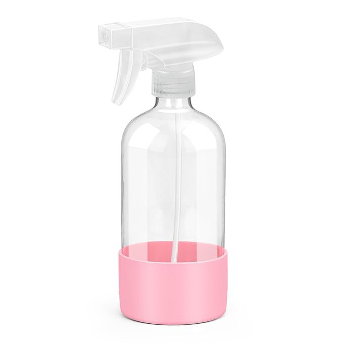 Glass Spray Bottles with Silicone Sleeve Protection, Empty 16 oz Refillable Containers, Reusable Spray Bottles with Adjustable Nozzle for Hair, Cleaning Solutions, 1 Pack Pink