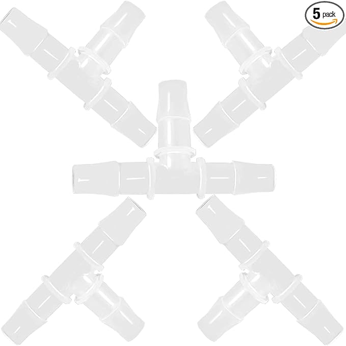 5/32" Tee Fitting Equal Barb 3 Way Hose Barb Fitting，Splicer Joint Mender Adapter Union Fitting for Fuel Gas Liquid Air (Pack of 5)
