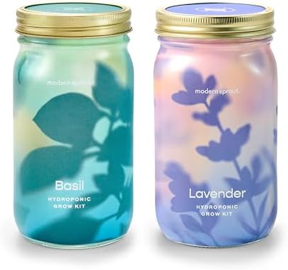 Modern Sprout New & Improved Mason Jar Grow Set, Indoor Herb Garden, Seed Starter Set, Organic Seeds, Hydroponic Growing (Basil + Lavender)