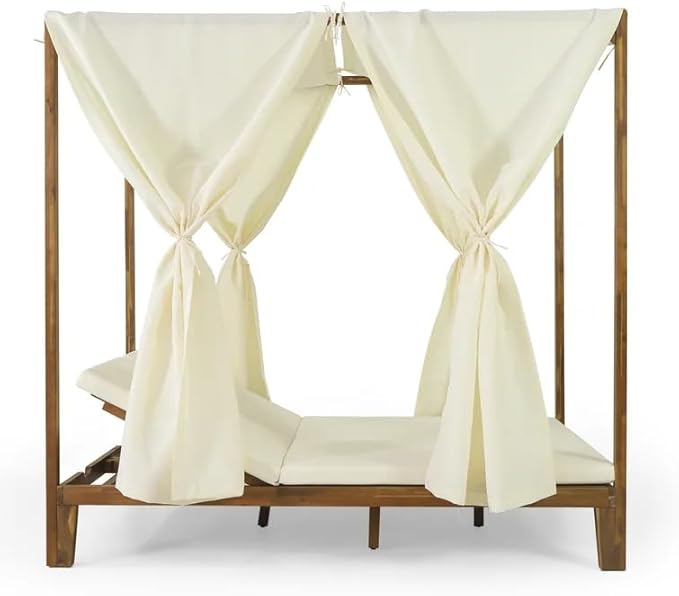 kevinplus Outdoor Patio Sunbed Daybed with Adjustable Reclining Chaise Lounge & Water-Resistant Canopy & Curtain, Solid Wood Construction, Cream White