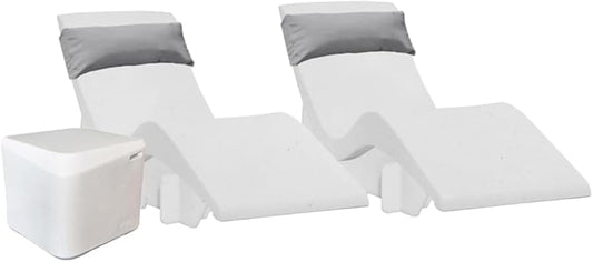 Aqua Outdoors in-Pool DEEP Ledge Chaise Set - Two Chaises - Two Headrest Pillows - Chaise Risers and One Large in Pool Side Table - for ledges 9"-14" inches Deep (White Granite-Grey)